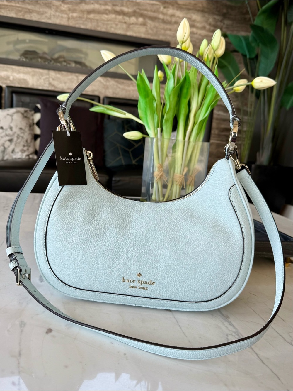 New Kate Spade Leila Pebbled Leather Shoulder/Crossbody Bag Crisp Sky - Picture 12 of 16